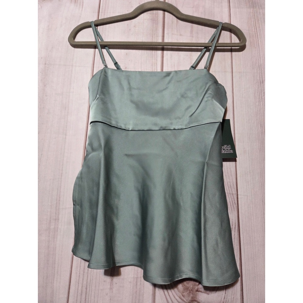 Wild Fable Sage Green Satin Cami Top Rhinestone Straps Peplum XXS New